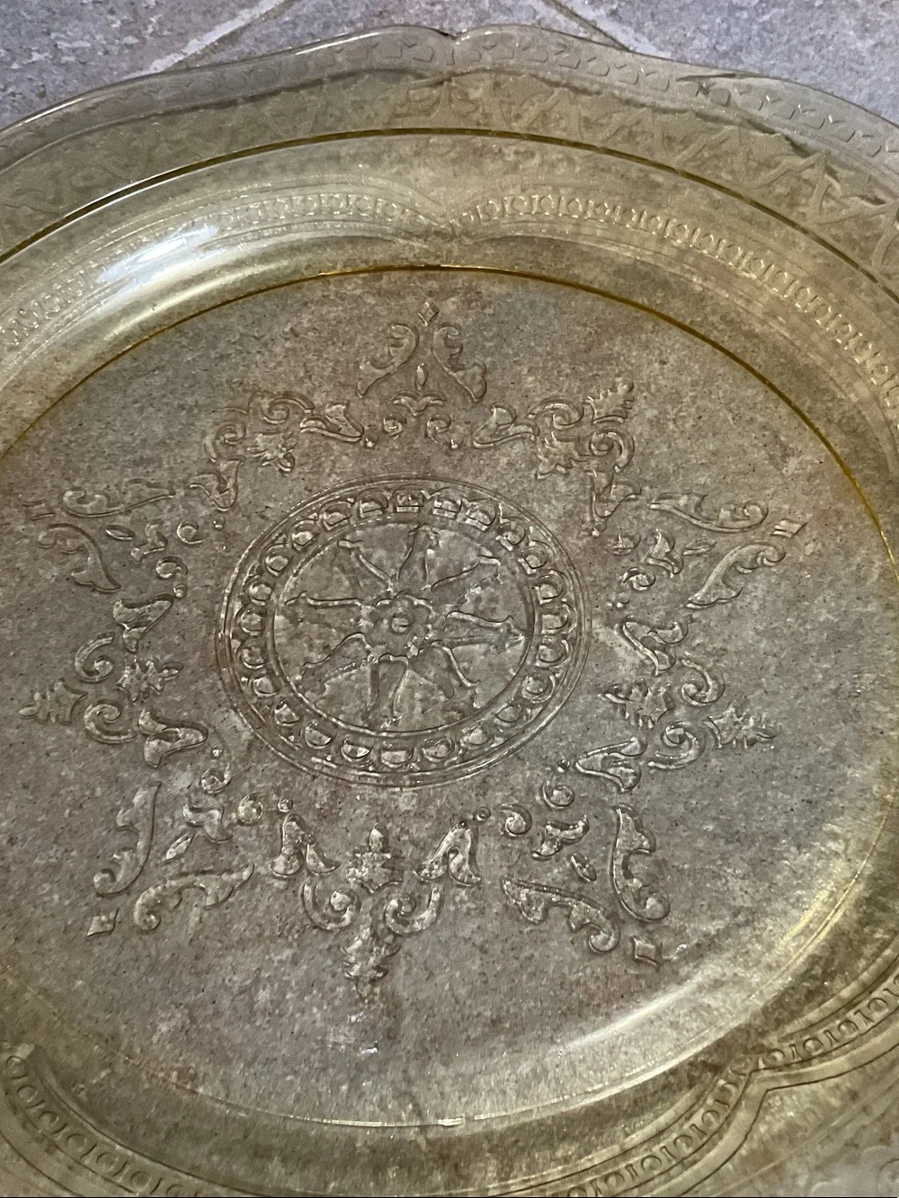 Rare yellow depression glass dinner plate.- Elegant Table Accent